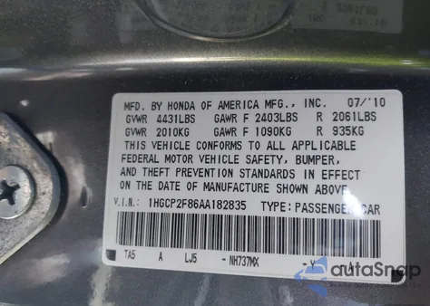 2010 Honda Accord 2.4 Ex-L z USA, uszkodzony, nr VIN 1HGCP2F86AA182835